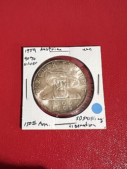 1959 Austria 150th Anniversary 50 Shillings UNC 90% Silver $20.00