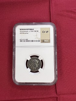 Roman Republic. Anonymous, c. 194-190 BC AR Denarius Ch VF $550.00